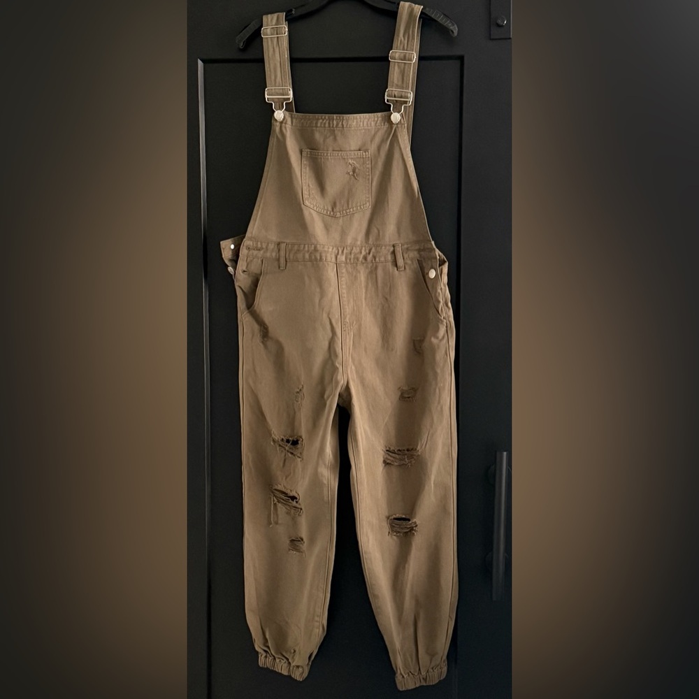 Kittenish Raquel Olive Distressed Jogger Overalls - Size Large